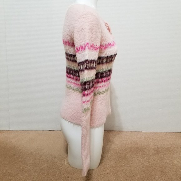 It's Our Time sweater Large fuzzy knit keyhole tie neck fair isle pullover Y2K - Picture 4 of 13